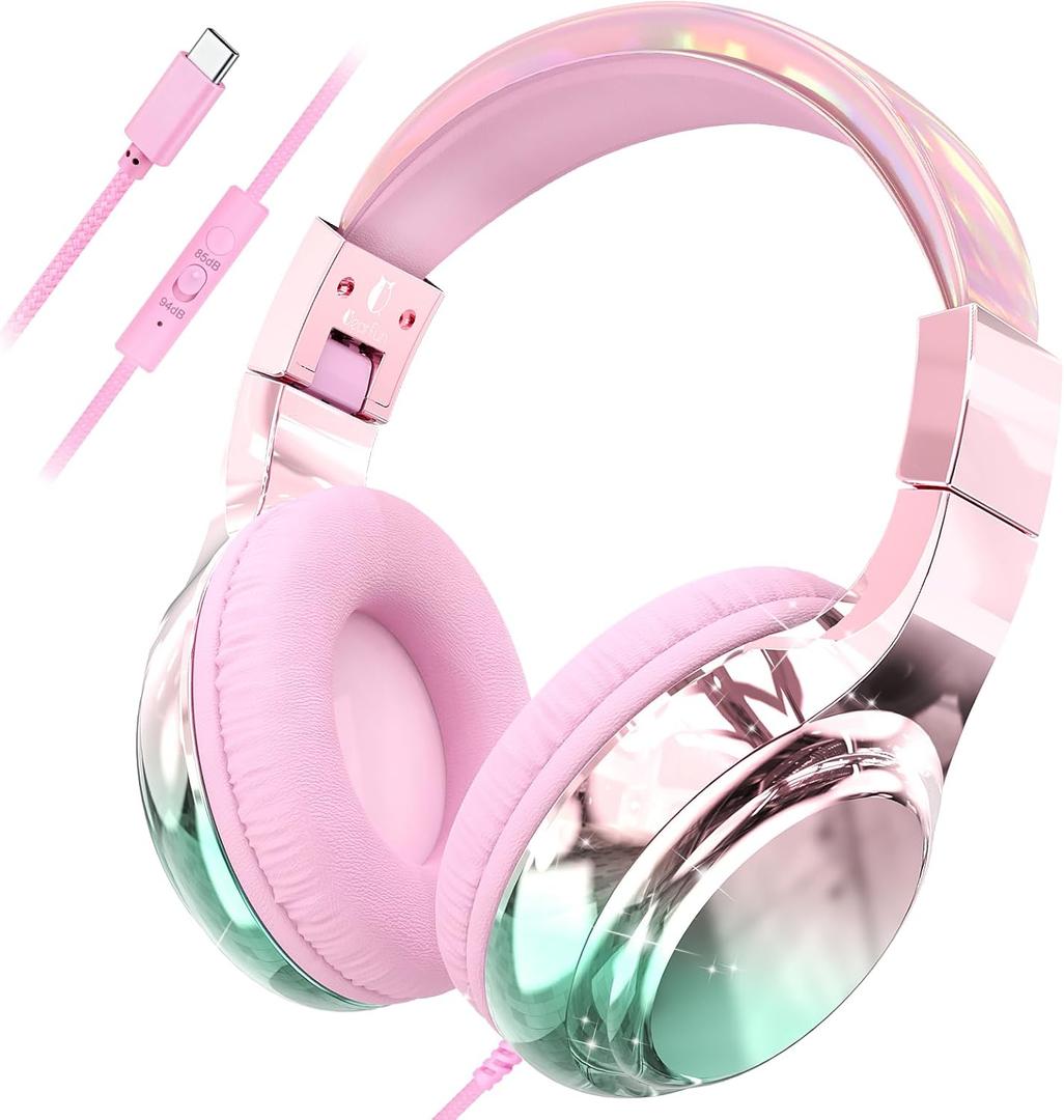 QearFun USB C Kids Headphones Wired with Mic, 85/94dB Safe Volume Limit, Foldable Over Ear, Tangle-Free Cord & Sharing Port, Wired On-Ear Headset for School, Chromebook, Tablet, Travel-Boys & Girls