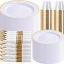 SUT 350 Pcs Gold and White Plastic Dinnerware Set for 50 Guests, Include: 50 Dinner Plates, 50 Dessert Plates, 50 Pre Rolled Napkins With Silverware, 50 Cups, Disposable Plates for Party, Wedding