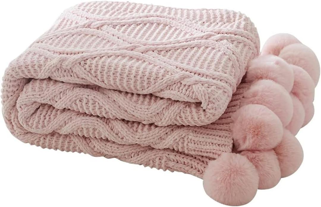ATMOSURELY Ultra Soft Chenille Cable Knit Throw Blanket with Handmade Pom Poms Cozy Fluffy Knitted Blanket Lightweight Warm Woven Farmhouse Blanket for Bed Sofa Couch 50x60 Inches (Geometry Pink)