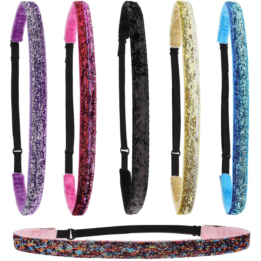 FROG SAC 6 Glitter Headbands for Girls, Adjustable Non Slip Thin Elastic Hair Bands for Kids, Stretch Heart Zig Zag Girl Hair Accessories, Sparkly Headband, Head Band Hairband (Multicolor 3, Kids) (6 Count (Pack of 1))