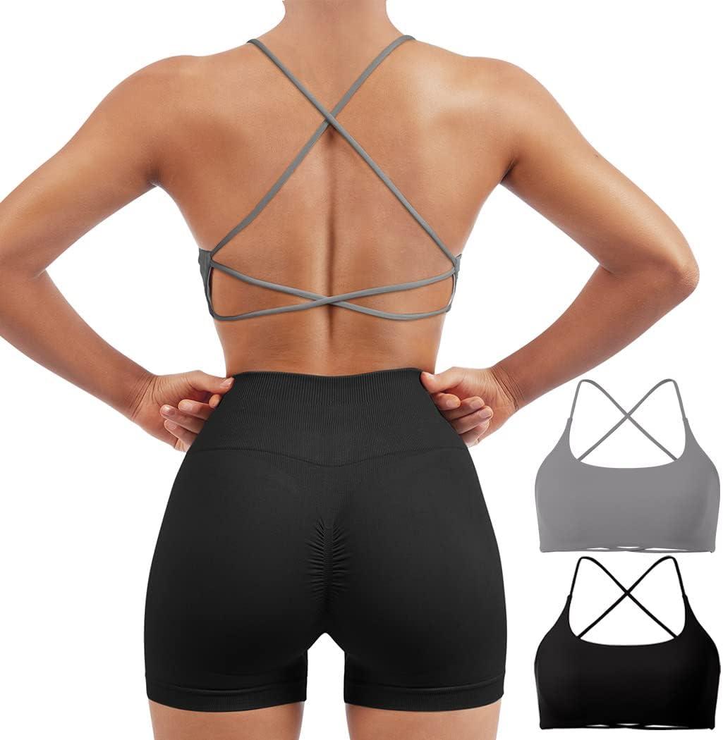 SUUKSESS Women 2 Piece Open Back Sports Bra Pack Strappy Workout Gym Yoga Crops (Medium, #1 Pack (Grey & Black))