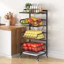 4-Tier Kitchen Snack Cart with Wheels  Versatile Rolling Storage Cart for Pantry, Utility Rooms  Adjustable Metal Wire Fruit & Vegetable Basket Rack (Black with Wooden top, 4-Tier)