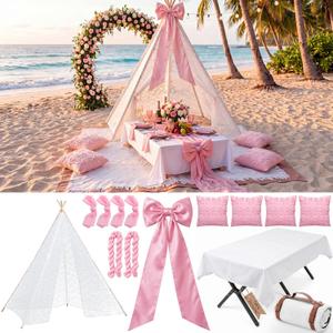 Pink Picnic Kit Oversized Boho Picnic Blanket Folding Table 4 Plush Pillow Large Satin Bow Lace Camp Tent 2 Tulle Table Runner 4 Napkins Tablecloth for Outdoor Party Wedding Baby Shower
