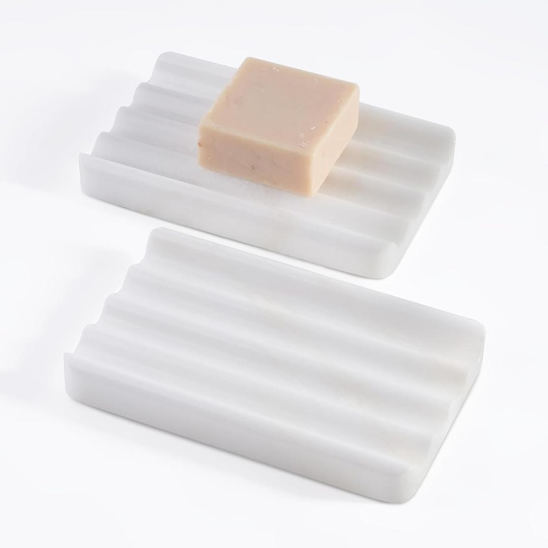 2 Pcs Soap Holder for Bathroom, Marble Soap Dish for Kitchen Countertop, Soap Tray with Creative Wavy Design, Soap Saver for Bath Tub, Sponges, African Natural Stone(Namib Bianco)