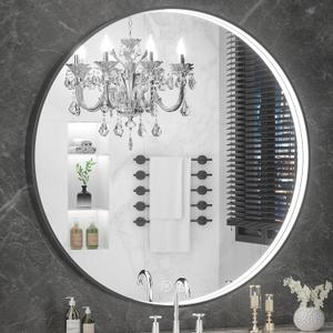 35" x 35" LED Bathroom Mirror with Lights, Round Black Frame Embedded Light Strip Design Modern Vanity Mirror, 3 Light Color Options & Dimmable & Anti-Fog, Ip54 Waterproof, CRI90