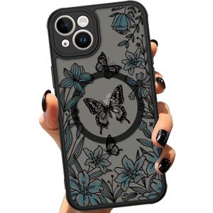 ZIYE for iPhone 14 Plus, Magnetic Matte Phone Case [Compatible with MagSafe] [Butterfly Lily Pattern Design] Black Bumper Hard Back Shockproof Cover for Women Girls (iPhone 14Plus) - Butterfly