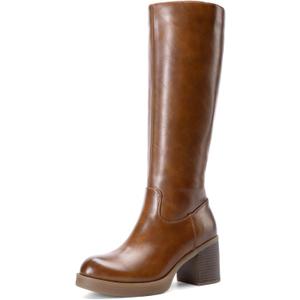 DREAM PAIRS Women's Knee High Boots Chunky Platform Heel Round Toe Boots for Women Side Zipper Stylish Comfortable Tall Boots (9.5, Brown)
