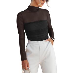 REORIA Womens Trendy Sexy Mock Turtle Neck Long Sleeve Sheer Mesh Ruched Going Out Bodysuits Tops (Medium, Black)