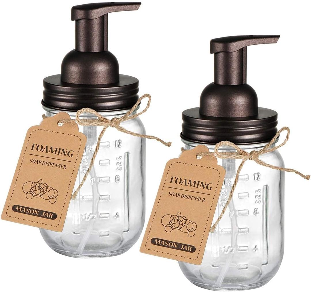 Amolliar Mason Jar Foaming Soap Dispenser, Rustproof Stainless Steel Lid, BPA Free Foam Pump, Waterproof Labels, Rustic Farmhouse Decor Refill Hand Soap Dispenser Bathroom Accessories Bronze (2 Pack)