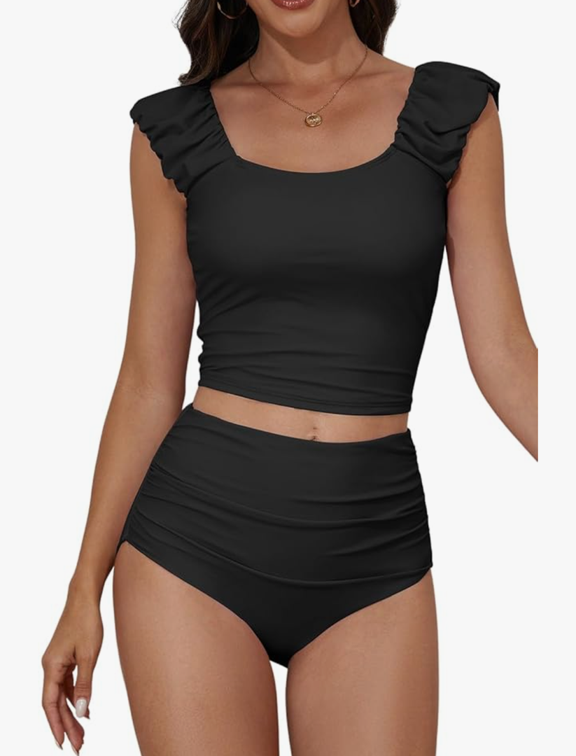 Eomenie Tankini Swimsuits for Women Ruched Tummy Control Bathing Suit Two Piece Swim Tank Top with High Waisted Bottom, Size -L