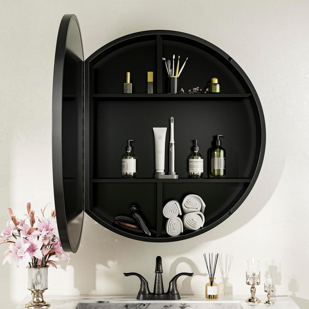 Keonjinn 26 in Round Black Black Medicine Cabinet with Mirror, Surface Mount Metal Frame Mirror Medicine Cabinet, Farmhouse Bathroom Cabinet with Circle Wall Mounted Vanity Mirror Detachable Shelves