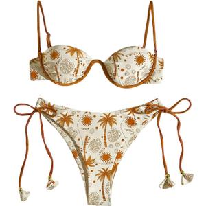 Women's 2 Piece Tropical Underwire Bathing Suit Spaghetti Strap Push Up Swimsuit Boho Bikini Sets (Beige) X-Small