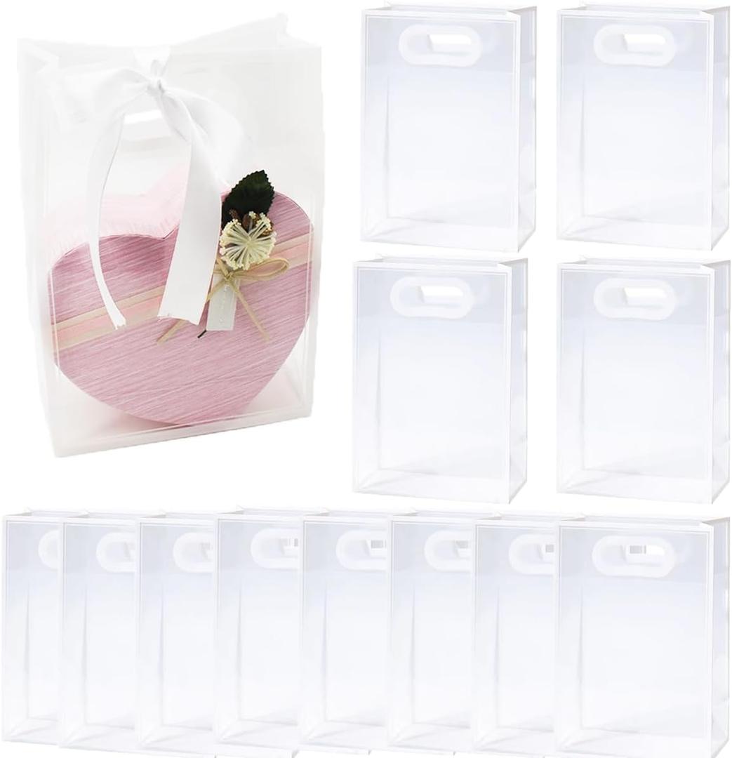 TUICARE 12 Pcs Clear PVC Gift Bags with Die Cut Handles Reusable Transparent Plastic Gift Bags With Ribbon for Wedding Bridal Christmas Birthday Party Valentines Shopping Business (White)