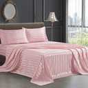 4Pcs Satin Sheets Stripe Printed Sheets, Italian Style Silky Soft Blush Pink Satin Full Bed Sheets with Deep Pocket, 1 Fitted Sheet, 1 Flat Sheet, 2 Envelope Closure Pillowcases