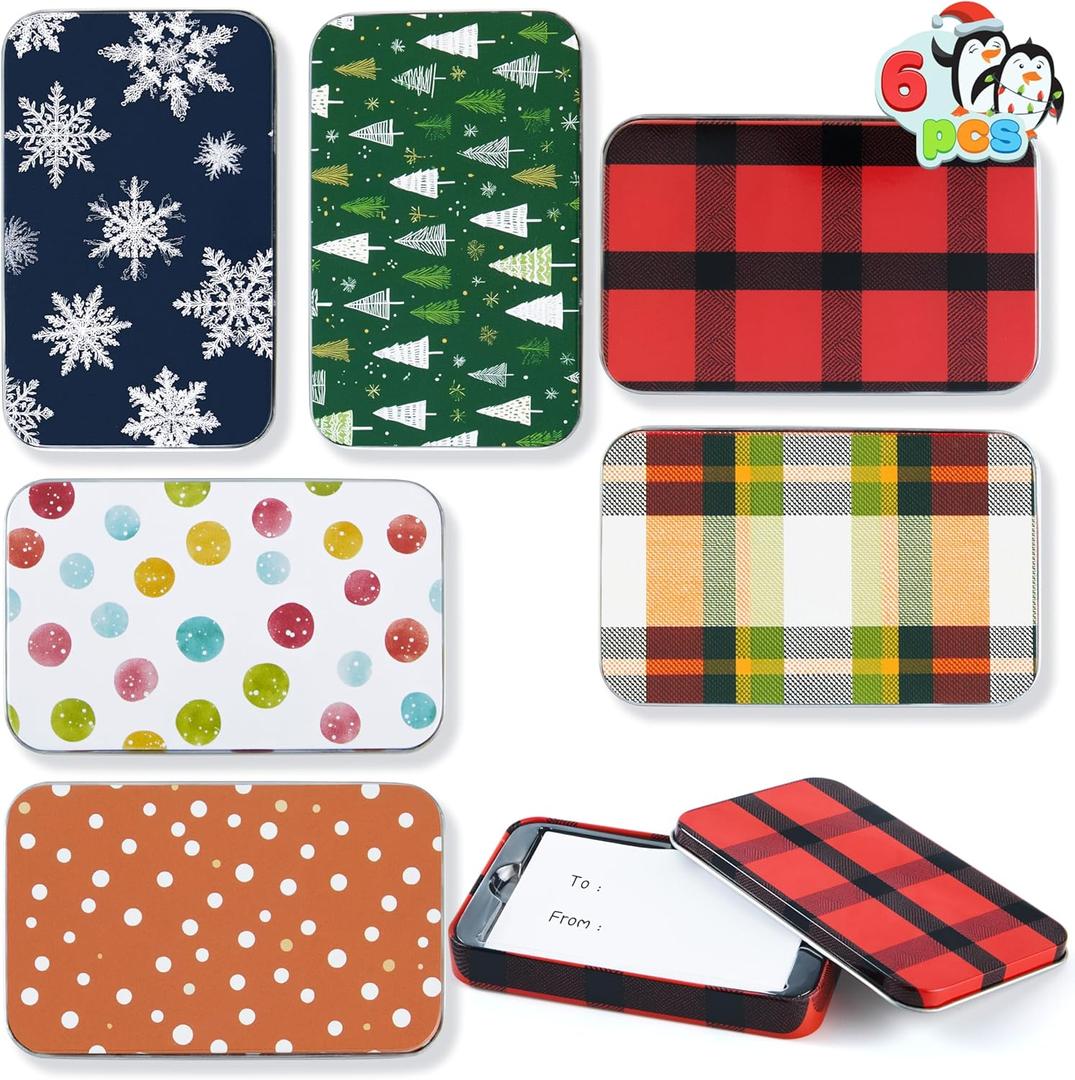 JOYIN 12PCS Card Holder Boxes Christmas, 4.33 x 2.6 x 0.6 Tins Money Cash Holders Unique for Xmas Holiday Birthday Present Decor, Party Favors, Silver Coin Boxes with Lids in 6 Designs