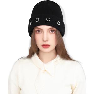 JENSVOIR Knit Beanie Hat for Women  Black Hollow Out Hat, Winter Warm Soft Stretchy Knitted Cap for Outdoor Daily Wear (Black)