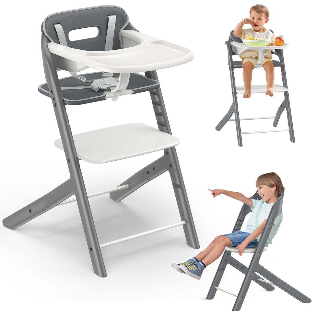 Baby High Chair with Tray, CushionSafety Harness - Adjustable Step Stool and Footrest Heights High Chairs for Babies and Toddlers 6+ Months,Easy to Clean, 200lbs Bearing, Secure & Stable