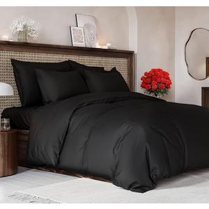 Duvet Cover Queen Size Set - Extra Soft Queen Size Duvet Cover 90 x 90 with 2 Pillow Shams - Hotel Luxury, Easy Care and Fade Free with Zipper Closures & Ties - Comfy, Breathable Bedding Set (Black)
