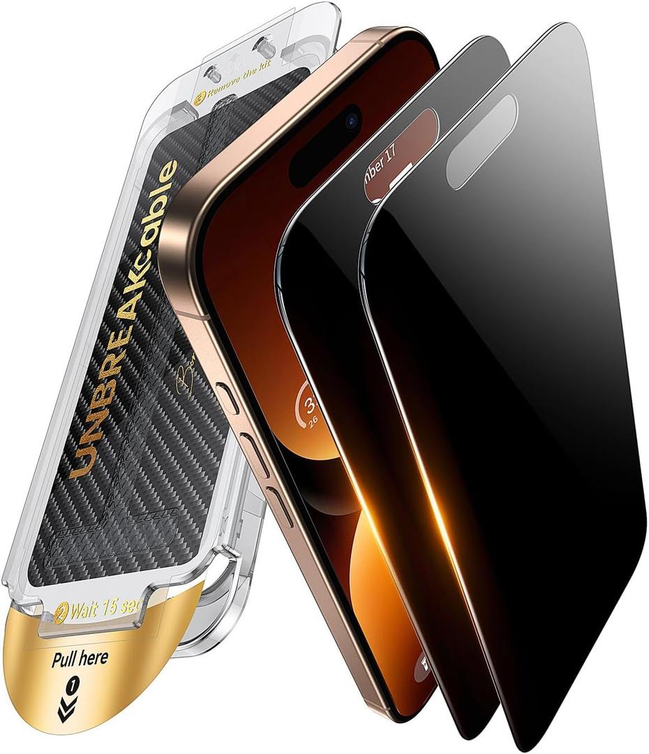 UNBREAKcable for iPhone 16 Pro Max Privacy Screen Protector, Tempered Glass 6.9", DustProof OneStep Installation, 25 Anti-Spy, 9H Military-Grade Shatterproof, Bubble-Free, Case-Friendly, 2 Pack