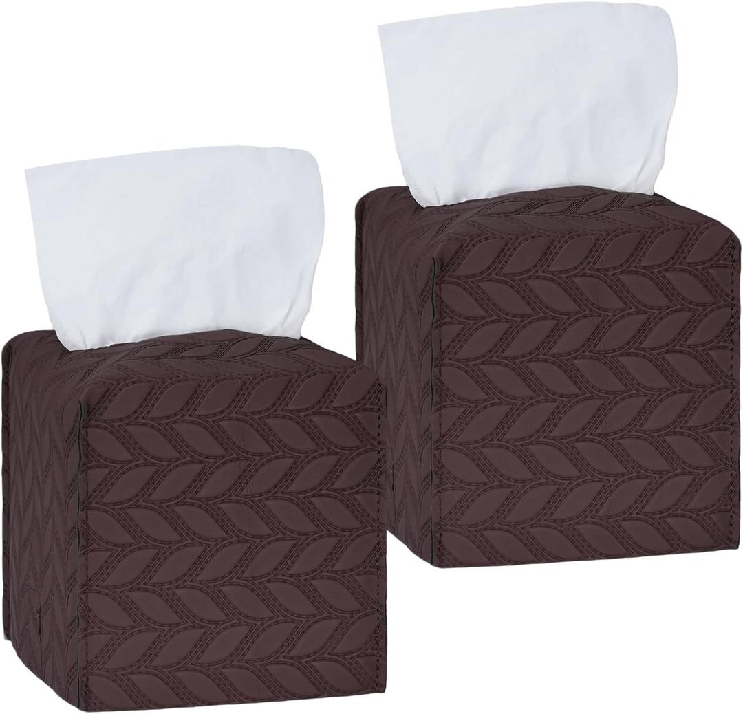 Tissue Box Cover 2-Pack, Square Tissue Holder with Bottom Belt, Modern Tissue Case Facial Paper Organizer Dispenser for Bathroom, Office, Home, Table, Car, Leaf Pattern Brown