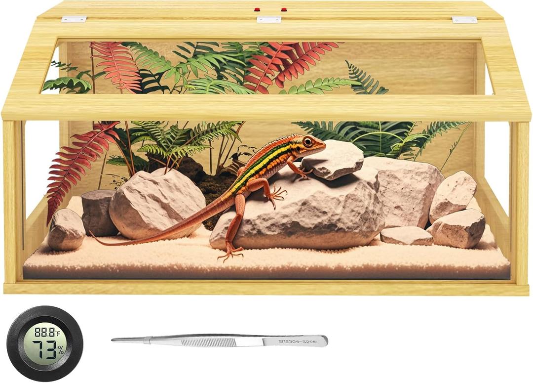 30 Gallon Reptile Tank, Wooden Bearded Dragon Terrarium Tank with Top Ventilation, Large Reptile Enclosure for Snake, Lizard, and Leopard Gecko, Includes Feeding Tongs, 32" L x 16" W x 16" H