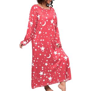 WDIRARA Women's Plus Size Long Sleeve Star Print Loose Nightgown Sleepshirt Loungewear (Red)