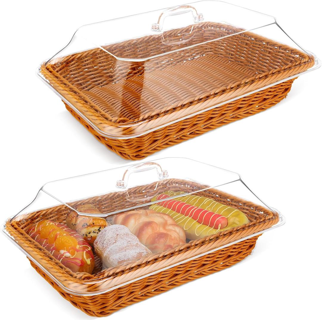 Mumufy 2 Pack Wicker Large Bread Basket for Serving with Acrylic Lid Woven Rectangular Imitation Rattan Fruit Basket with Cover Food Vegetable Display Tabletop Restaurant Kitchen(13.78x9.84'')