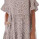 Nclook Womens Summer Casual Dresses Sweet Cute Crew Neck Mini Dress with Pockets Ruffle Short Sleeve, Khaki, S 