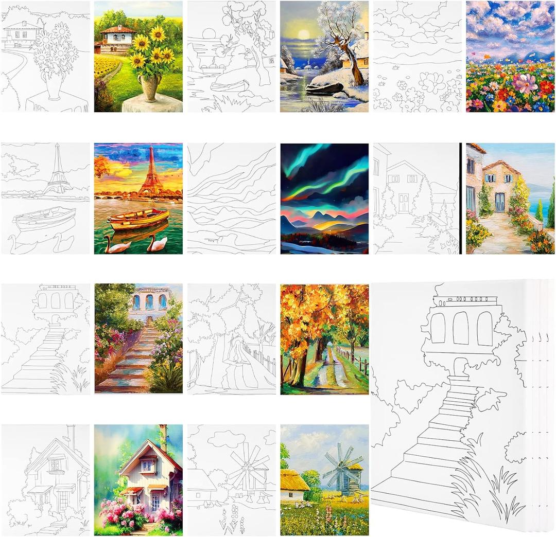 Sherr 10 Pcs Pre Drawn Canvas for Painting Preprinted Stretched Cotton Canvas for Adults Pre Drawn Outline for Valentines Couple Date Night Sip and Paint Party Favor(Scenery,8 x 10 Inch)