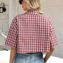 Womens Cropped Plaid Shirt Button Down Short Sleeve Top Blouse | Vintage Plaid Shirts, Preppy Clothes, Casual, Checkered, Plaid Crop Top Button Up Shirts, Gingham, Streetwear, Hiphop, Y2K (Red), Medium