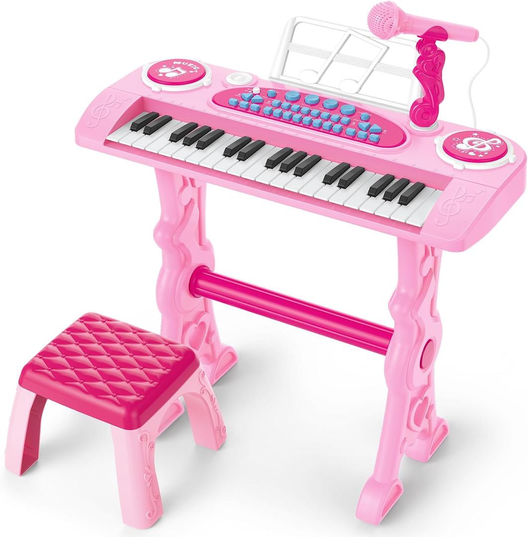 deAO Piano Keyboard Toys 37 Keys Toddler Piano Toy with Stool Microphone