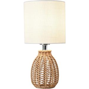 KUNJOULAM Rattan Table Lamp, Small Nightstand Lamp with Linen Fabric Lampshade, Desk Lamp Bedside Lamp for Living Room Home Office, Without Buld