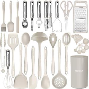 Kitchen Utensils Set - 446F Heat Resistant Silicone Cooking Utensils Set-Kitchen Tools and Gadgets for Cooking Nonstick Cookware with Tongs,Turner,Spatula,Spoon,Brush,Peeler,Grater,Scissors (Khaki)