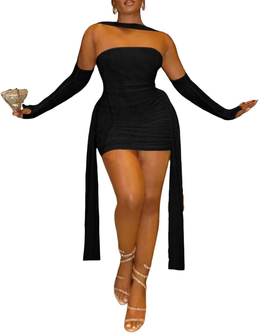 Sexy Strapless Tube Top Mesh Mini Dress for Women Bodycon Ruched Ribbons Birthday Date Night Dresses (Black, M)