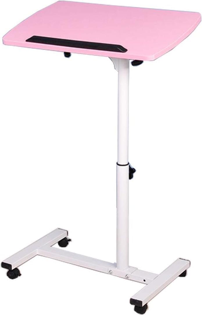 Pink Standing Desk Rolling Adjustable Angle & Height Laptop Desk with Wheels Small Computer Cart Over Bed Table Mobile Laptop Table for Home Office