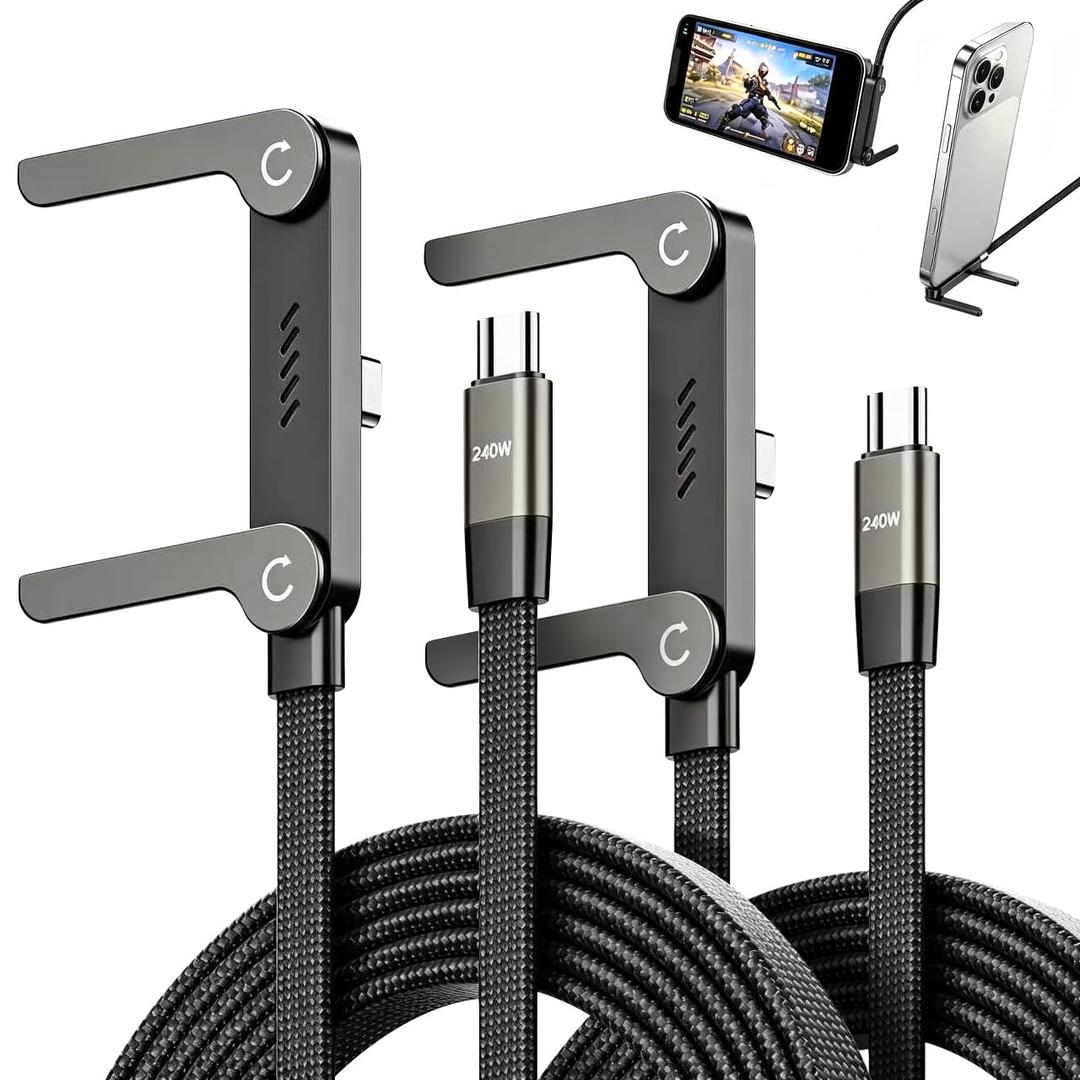 240W USB C to USB C Ultra Fast Charging Cable with Invisible Stand Flat Phone Charger 90 Degree Right Angle Plug T Shaped Foldable Stand Multi Functional Cord Black 4.9 Ft (2)