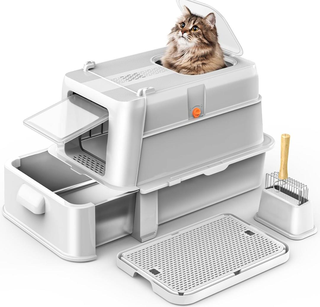 Enclosed Stainless Steel Cat Litter Box with LidXL Large Metal Cat Box with Drawer for Big Cats, Top Exit Kitty Litter Box Includes Scoop, Filter Pedal, Odor Control, Easy Cleaning (Light Grey)