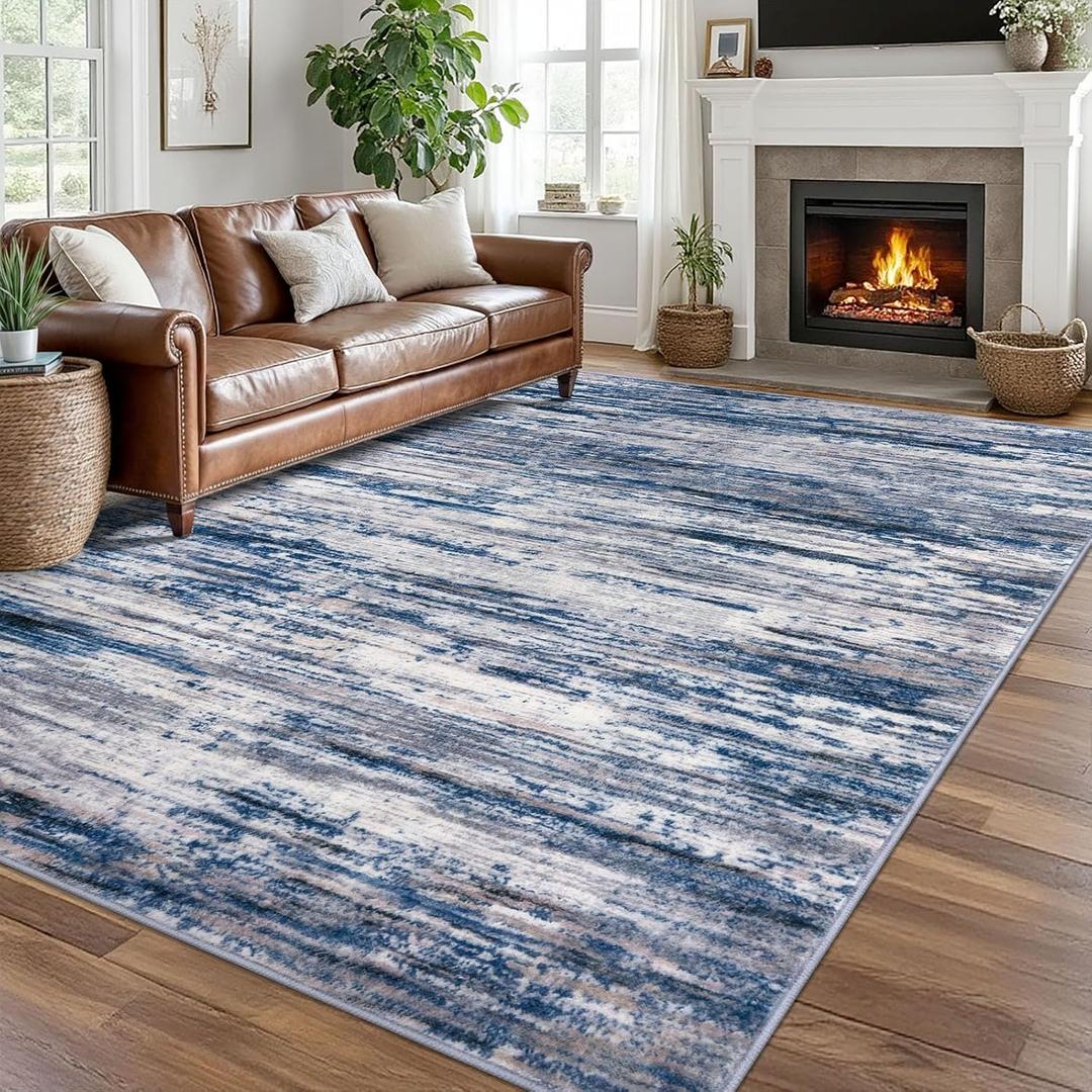 SIILOOM Navy Blue Gray Neutral Multi 8x10 Modern Abstract Area Rug for Bedroom, Large Super Soft Washable Rug with Non-Slip, Non-Shedding Rugs for Living Room, Indoor Door Mat for Office Home Décor