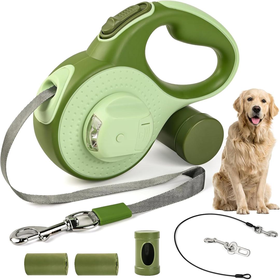 Retractable Dog Leash for Large Dogs, 26ft Heavy Duty-for Dog up to 100lbs, with Chew Proof Cable, LED Light, Dispenser, Poop Bags, 360 No Tangle, One-Handed Brake & Lock. (Green, 26ft)
