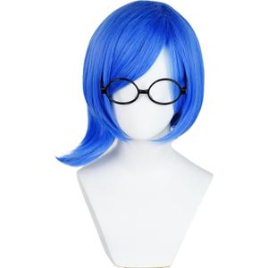 Short Blue Bob Wig + Black Glasses + Wig Cap Blue Anime Emotion Cosplay Costume Wigs with Bangs Side Part Synthetic Hair for Women Halloween Party