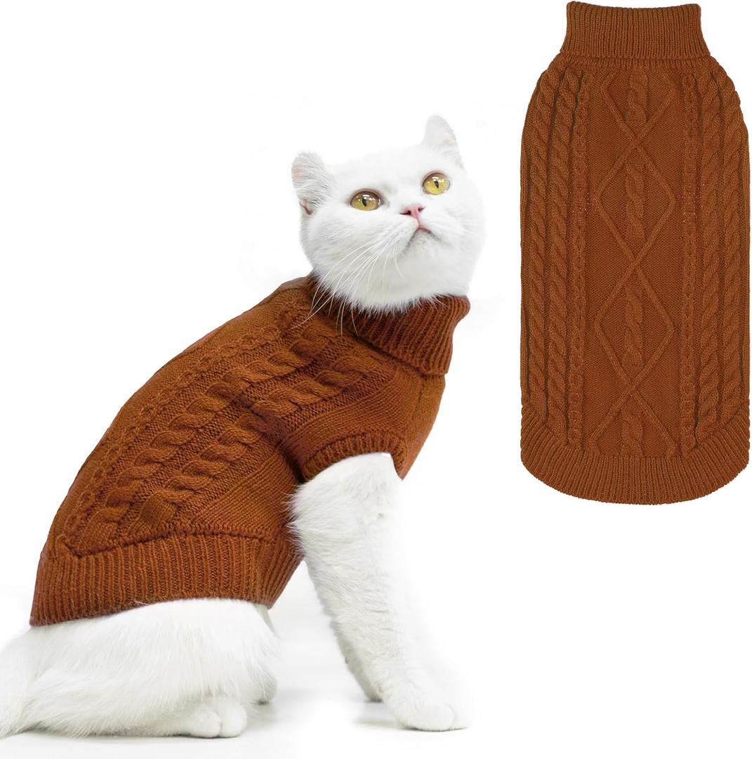 PUPTECK Winter Cat Sweater Coat - Soft Warm Cold Weather Clothes Knitwear for Kittens & Small Dogs Indoor Outdoor Wearing, Knitted Classic for Doggies Kitties Girls Boys, Brown, M