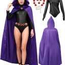 Women Raven Cosplay Costume Deluxe Jumpsuit Purple Hooded Cloak with Red Stones Chain for Cosplay Suit for Adult Raven Costume, Large