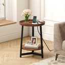 Round Industrial Side Table with Charging Station, 2-Tier Round End Table with USB Port & Power Outlet, Nightstand with Metal Frame for Small Spaces, Living Room, Bedroom, Cherry, 15.75"D x 11.75"W x 23.03"H