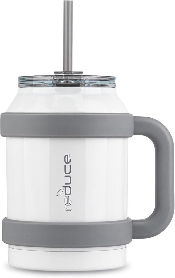 REDUCE Cold1 50 oz Reusable Mug Tumbler with Handle - Insulated Stainless Steel Water Bottle for Home, Office and Gym; Straw or Sip Leakproof Lid When Closed. Keeps Drinks Ice Cold All Day - White (Opaque Gloss White)