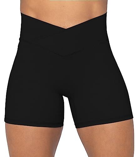 Sunzel Sunzfly Crossover Biker Shorts for Women, V Criss Cross High Waist Yoga Workout Gym Shorts with Tummy Control 4" Black Medium