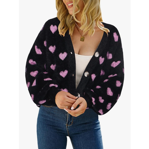 ECOWISH Women Floral Cropped Cardigan: Fall Long Sleeve Button Down Fuzzy Heart Print Knit Sweaters Casual Y2k Outerwear