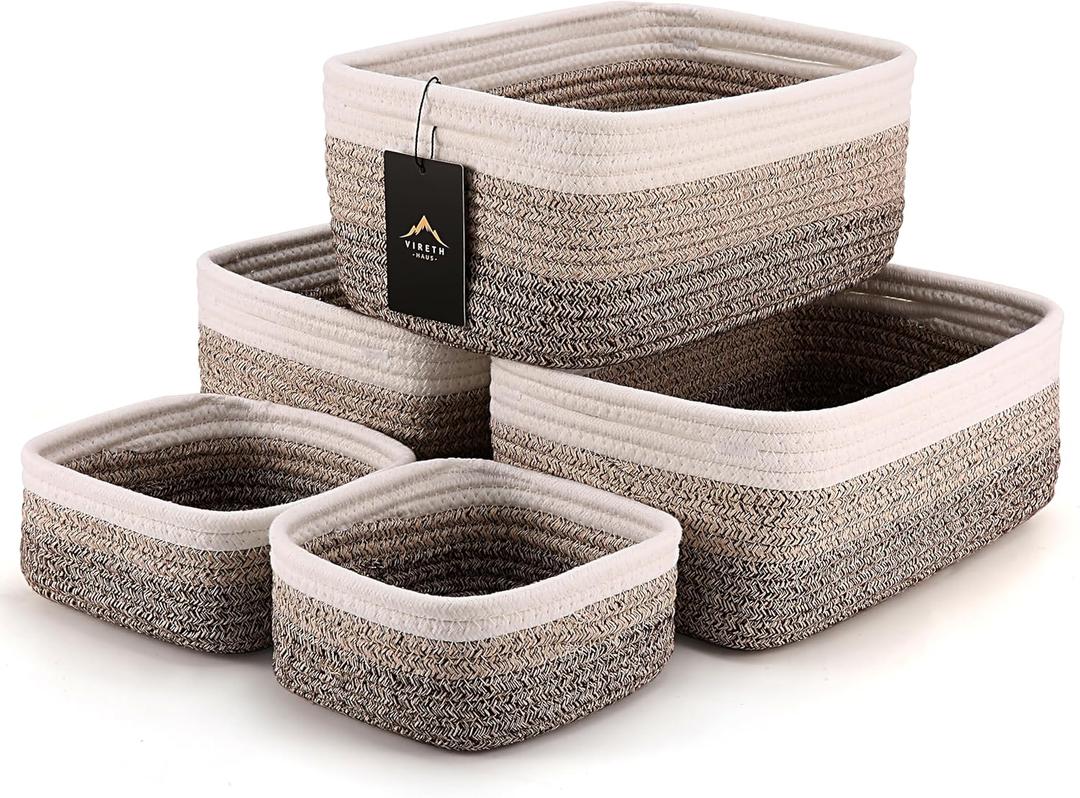 5-Pack Small Woven Rope Storage Baskets – 2 Sizes Organizer Bins for Closet, Shelf, Bookshelf, Nursery, Changing Table, Fabric Cube Boxes, Rectangular Shallow Bins for Bathroom, Toy & Home