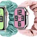 Scrunchie Band Compatible with Kids Apple Watch Band 38mm 40mm 41mm / 42mm 44mm 45mm 46mm 49mm,Cute Printed Elastic Solo Loop Bands for iWatch Series 10/9/8/7/6/5/4/3/SE/SE2/Ultra 2/Ultra (Pink+Green)