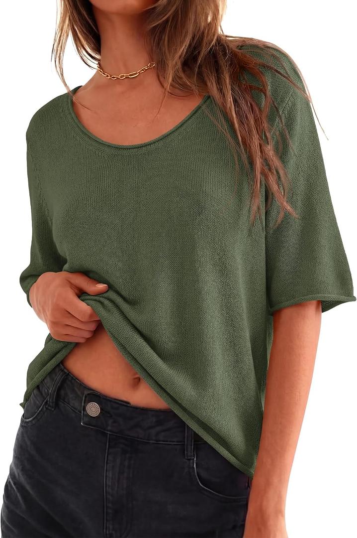 BTFBM Summer Sweaters for Women Lightweight 2026 Oversized Short Sleeve Knitted Pullover Casual Loose Fall Tops(Army Green, Small) (Green, S)