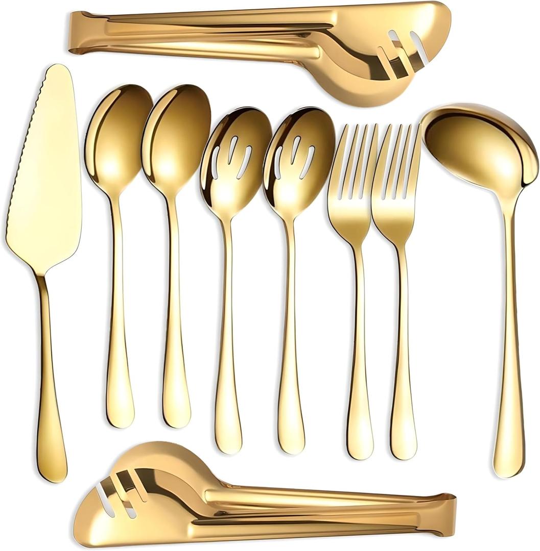 Serving Utensils Set Gold 10-Piece - Stainless Steel Stunning Mirror-Finish, Lightweight, Dishwasher Safe - Includes Slotted Spoons, Forks, Tongs, Ladle, and Pie Server for buffet & parties